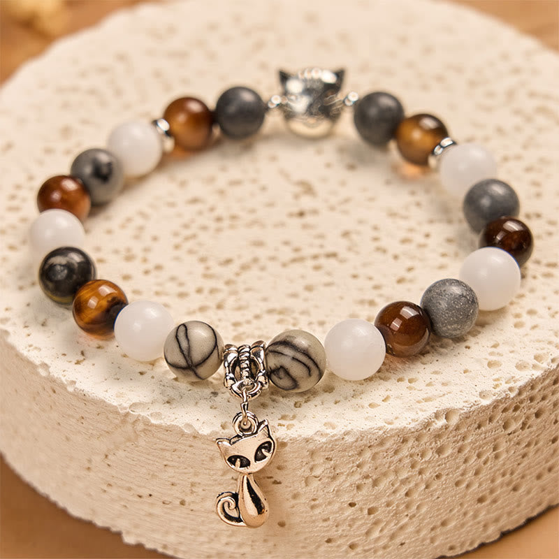 Bracciale Buddha Stones Tricolor Cat Diaspro venato nero Agata striata marrone Calcedonio Strength - image 3