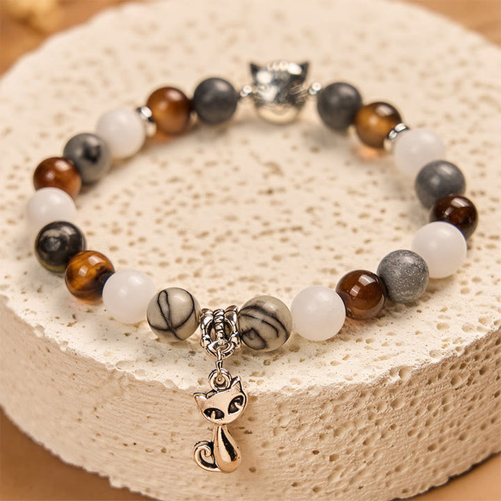 Bracciale Buddha Stones Tricolor Cat Diaspro venato nero Agata striata marrone Calcedonio Strength - image 3
