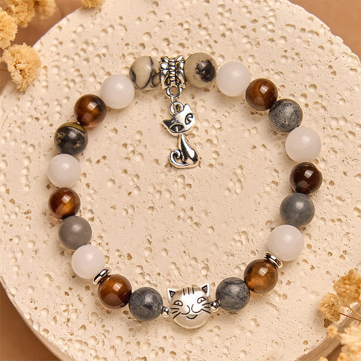 Bracciale Buddha Stones Tricolor Cat Diaspro venato nero Agata striata marrone Calcedonio Strength - image 2