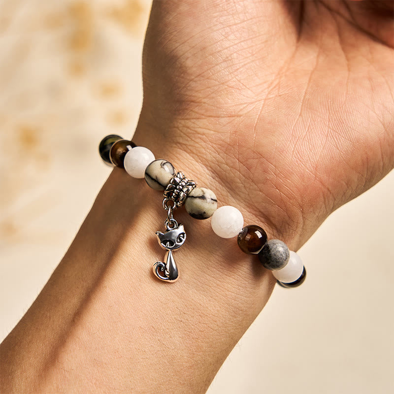 Bracciale Buddha Stones Tricolor Cat Diaspro venato nero Agata striata marrone Calcedonio Strength - image 4