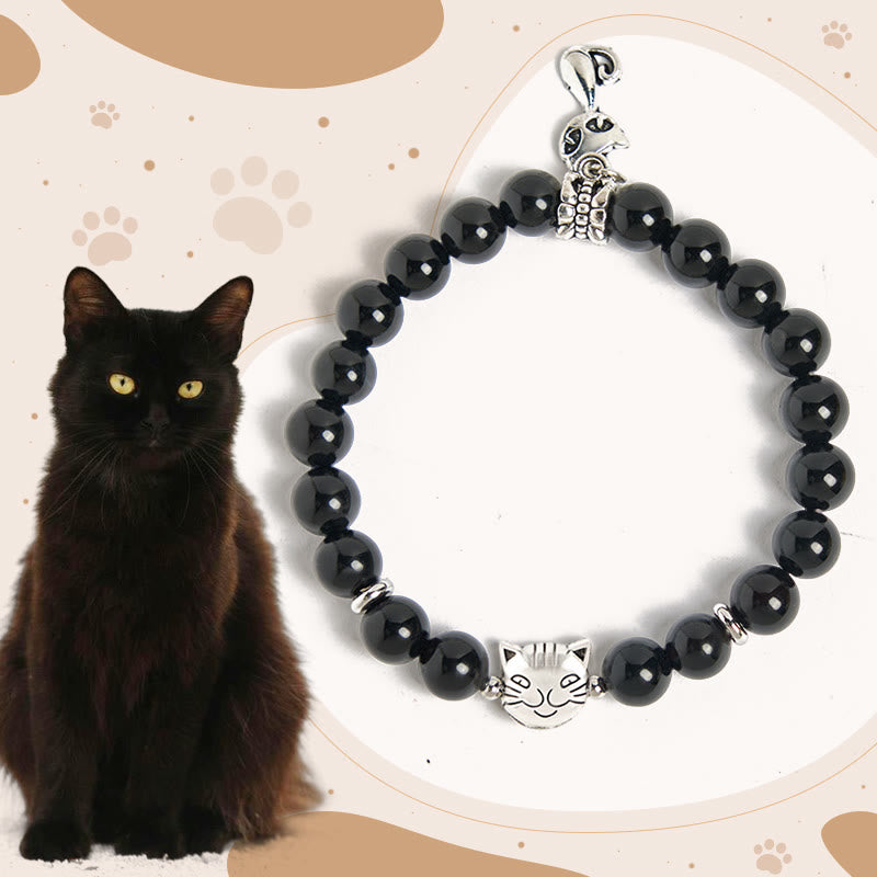 Braccialetto di supporto per gattini in onice nero naturale Buddha Stones - Gatto nero (circonferenza polso 15-16 cm) - image 0
