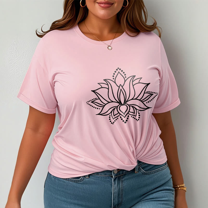Maglietta in cotone con motivo a fiori di loto e Buddha Stones, design semplice - image 14
