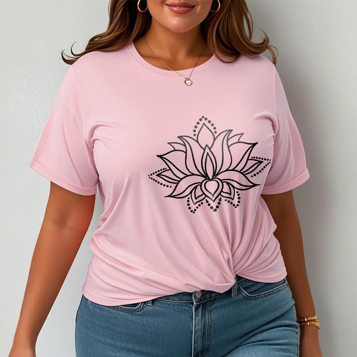 Maglietta in cotone con motivo a fiori di loto e Buddha Stones, design semplice - image 14