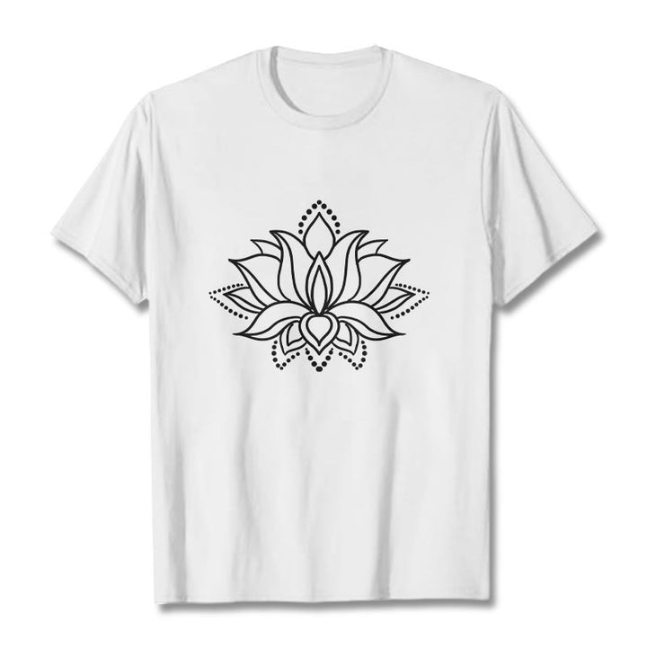 Maglietta in cotone con motivo a fiori di loto e Buddha Stones, design semplice - Bianco - 2XL - image 8
