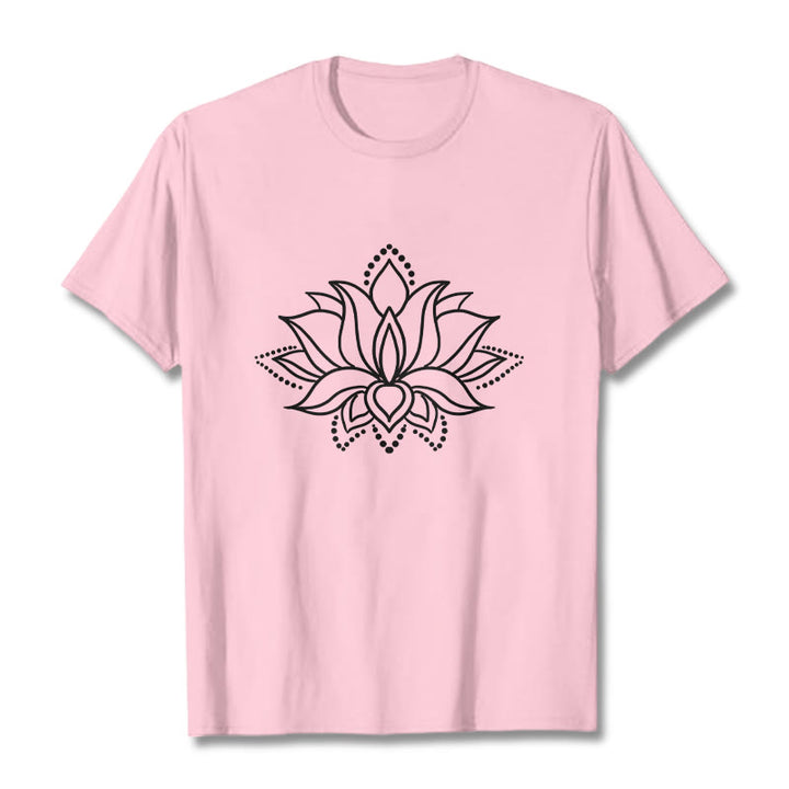 Maglietta in cotone con motivo a fiori di loto e Buddha Stones, design semplice - Rosa chiaro - 2XL - image 13