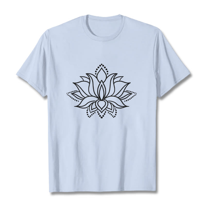 Maglietta in cotone con motivo a fiori di loto e Buddha Stones, design semplice - Ciano chiaro - 2XL - image 19