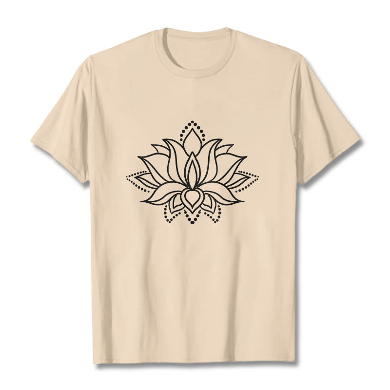 Maglietta in cotone con motivo a fiori di loto e Buddha Stones, design semplice - Biscotto - 2XL - image 11