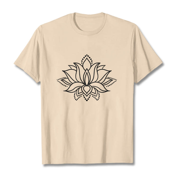 Maglietta in cotone con motivo a fiori di loto e Buddha Stones, design semplice - Biscotto - 2XL - image 11