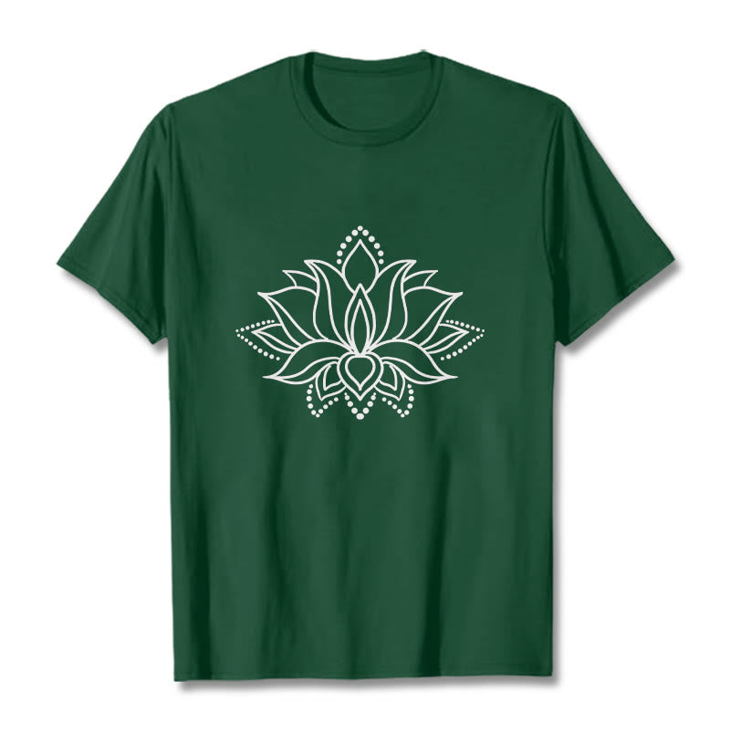 Maglietta in cotone con motivo a fiori di loto e Buddha Stones, design semplice - Verde foresta - 2XL - image 1
