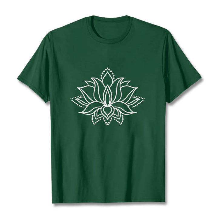 Maglietta in cotone con motivo a fiori di loto e Buddha Stones, design semplice - Verde foresta - 2XL - image 1