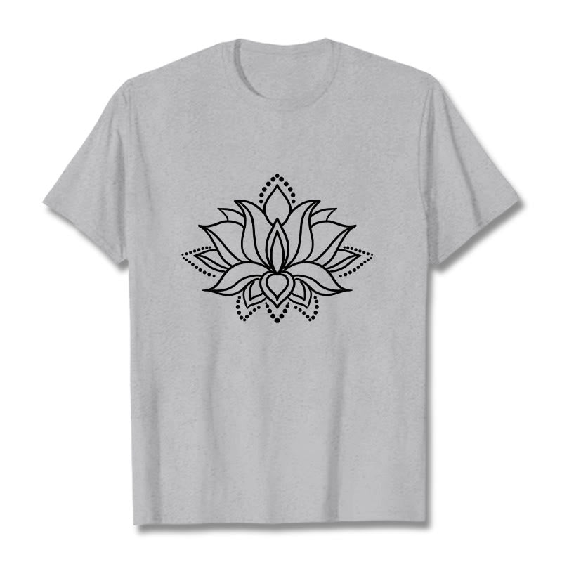 Maglietta in cotone con motivo a fiori di loto e Buddha Stones, design semplice - Grigio chiaro - 2XL - image 20