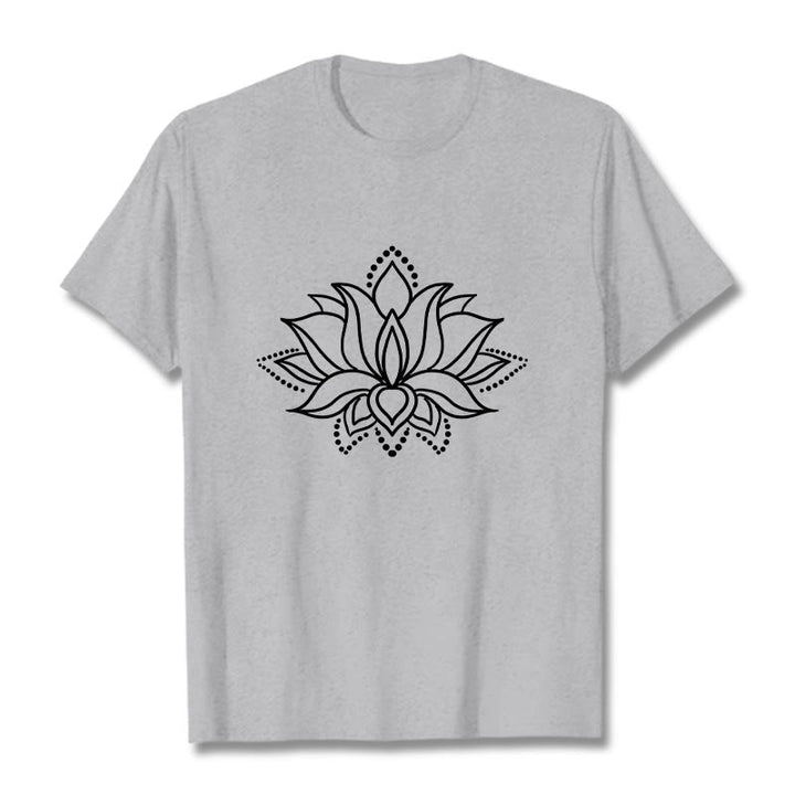 Maglietta in cotone con motivo a fiori di loto e Buddha Stones, design semplice - Grigio chiaro - 2XL - image 20
