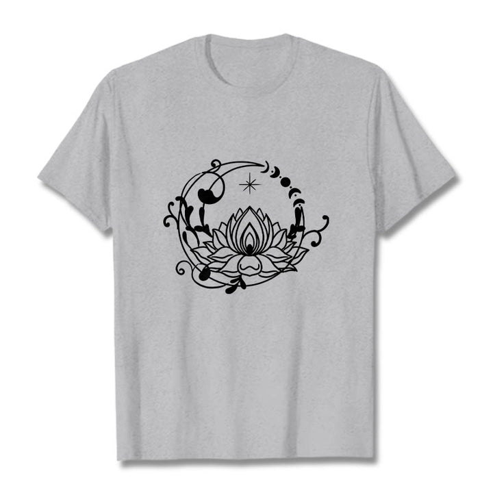 Maglietta in cotone con motivo a Buddha Stones, design semplice, fiore di loto, luna e viticci fluenti - Grigio chiaro - 2XL - image 20