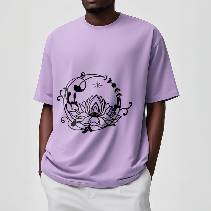 Maglietta in cotone con motivo a Buddha Stones, design semplice, fiore di loto, luna e viticci fluenti - image 18