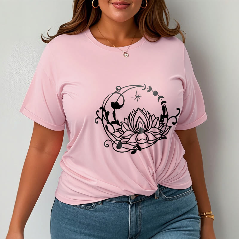 Maglietta in cotone con motivo a Buddha Stones, design semplice, fiore di loto, luna e viticci fluenti - image 14