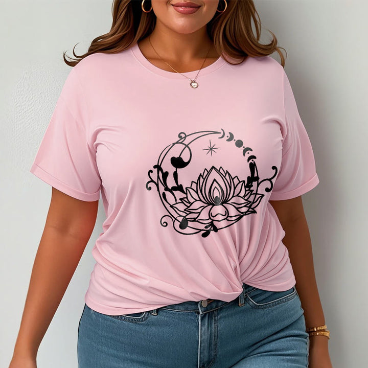 Maglietta in cotone con motivo a Buddha Stones, design semplice, fiore di loto, luna e viticci fluenti - image 14