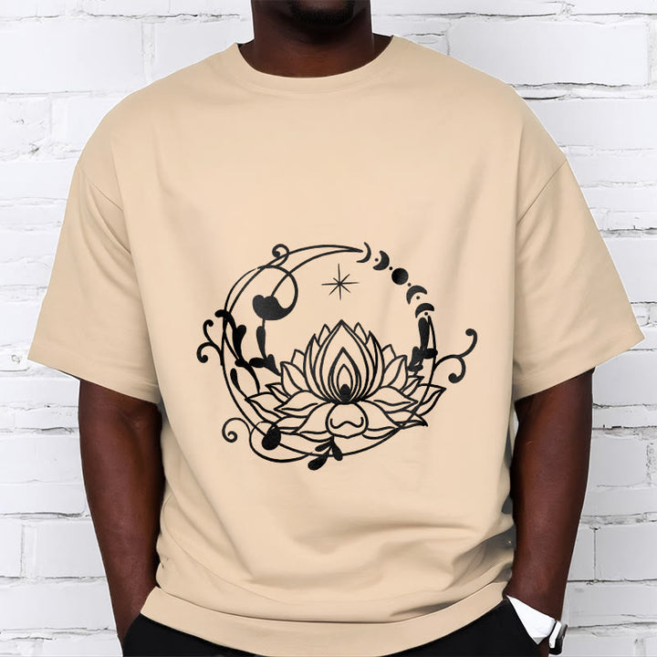 Maglietta in cotone con motivo a Buddha Stones, design semplice, fiore di loto, luna e viticci fluenti - image 10