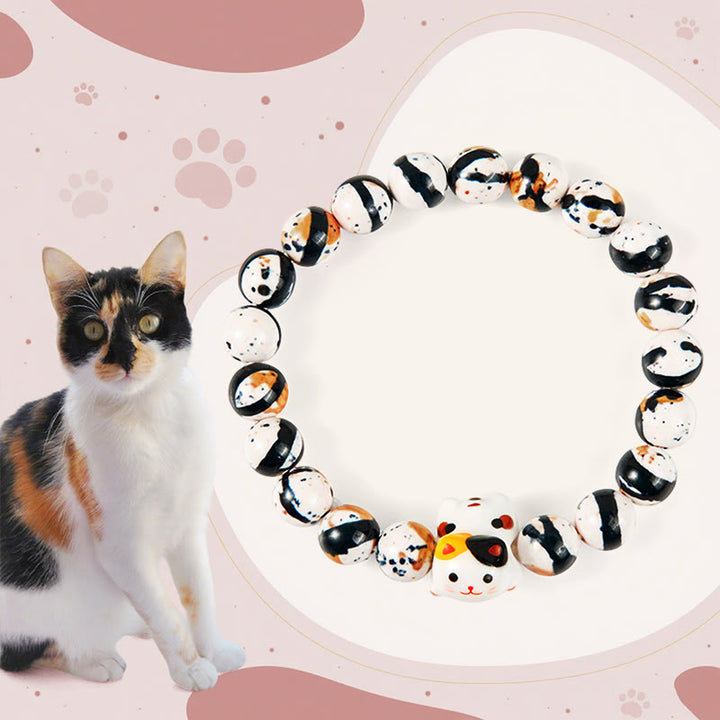Braccialetto di forza con testa di gattino in ceramica naturale con Buddha Stones e gatto calico - Gatto calico (circonferenza del polso 15-16 cm) - image 0