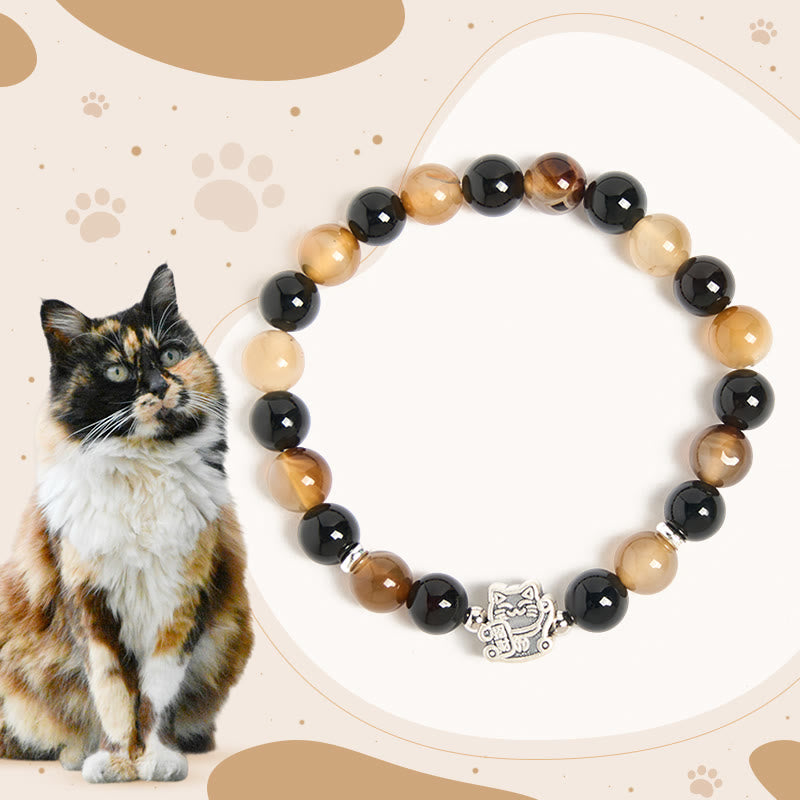 Bracciale Buddha Stones in argento sterling 925 con tartaruga e gatto, agata marrone chiaro striata, onice nero - Gatto tartarugato (circonferenza del polso 15-16 cm) - image 0
