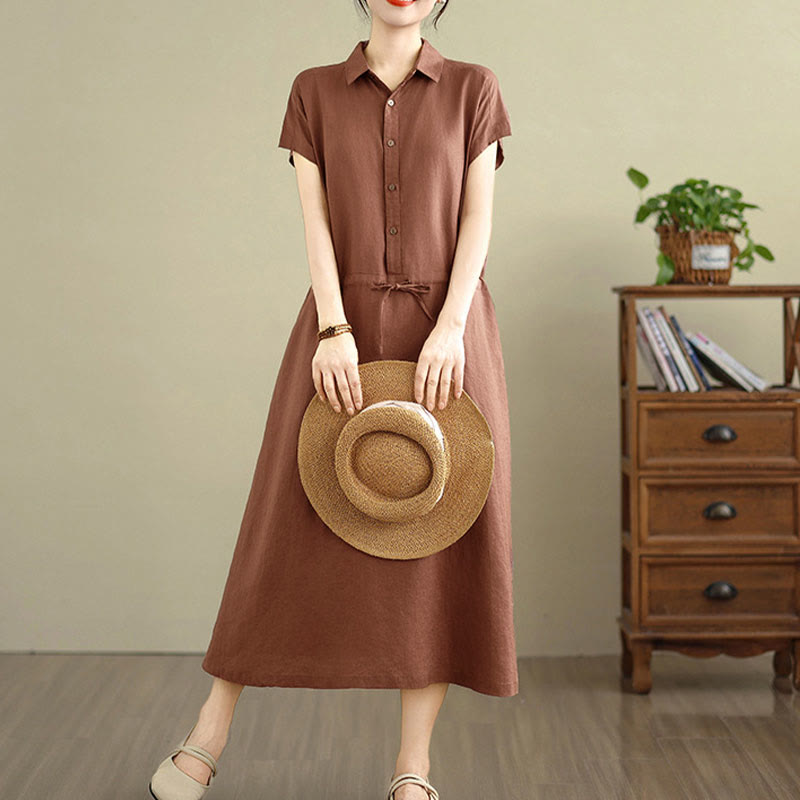 Abito midi in lino e cotone con coulisse, maniche corte, estivo, tinta unita, Buddha Stones, con tasche - Siena - US8-10, UK/AU12-14, EU40-42 (2XL) - image 0