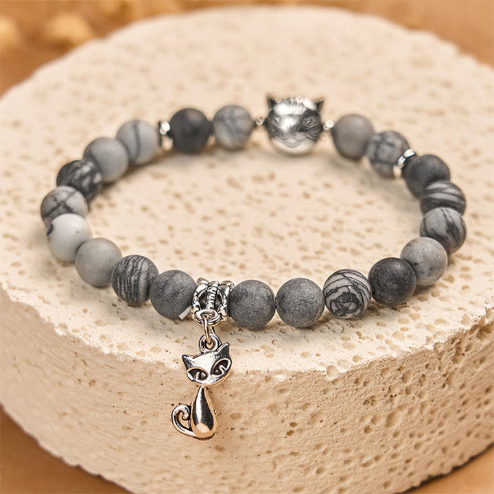 Bracciale Buddha Stones Grey Tabby Cat in diaspro venato nero naturale - image 2