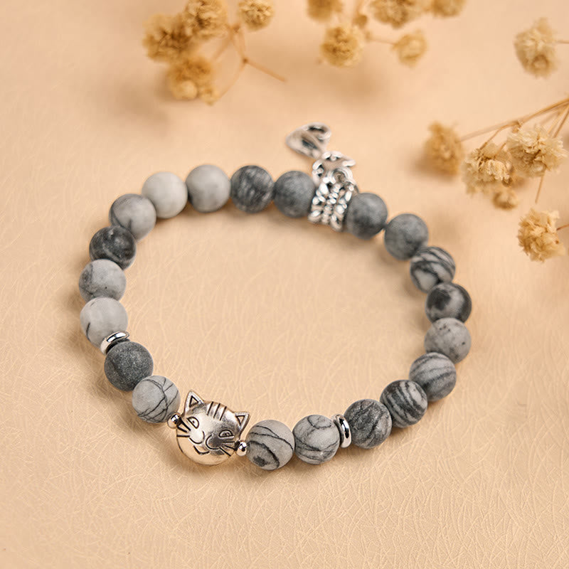 Bracciale Buddha Stones Grey Tabby Cat in diaspro venato nero naturale - image 3