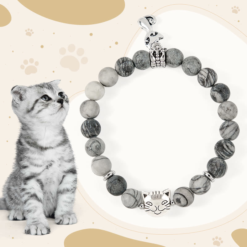 Bracciale Buddha Stones Grey Tabby Cat in diaspro venato nero naturale - Gatto soriano grigio (circonferenza del polso 15-16 cm) - image 0