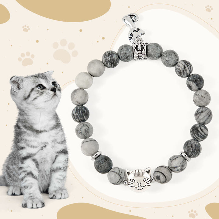 Bracciale Buddha Stones Grey Tabby Cat in diaspro venato nero naturale - Gatto soriano grigio (circonferenza del polso 15-16 cm) - image 0