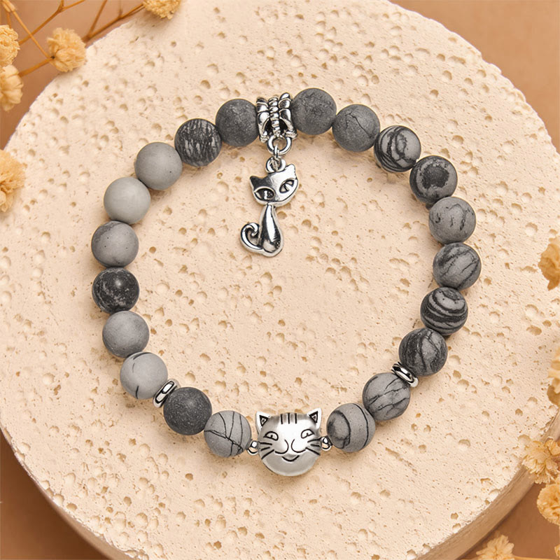 Bracciale Buddha Stones Grey Tabby Cat in diaspro venato nero naturale - image 1