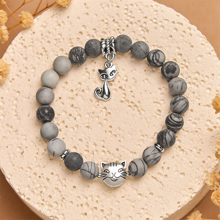 Bracciale Buddha Stones Grey Tabby Cat in diaspro venato nero naturale - image 1