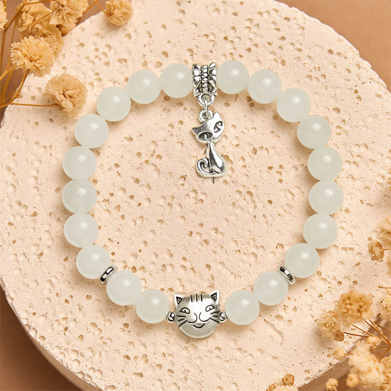 Braccialetto di benedizione della fortuna in giada bianca con gatto bianco e Buddha Stones - image 2