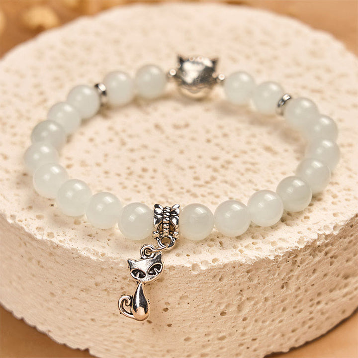 Braccialetto di benedizione della fortuna in giada bianca con gatto bianco e Buddha Stones - image 2