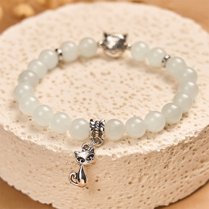 Braccialetto di benedizione della fortuna in giada bianca con gatto bianco e Buddha Stones - image 3