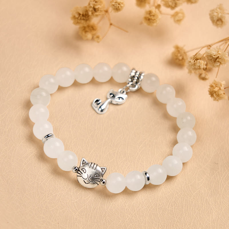 Braccialetto di benedizione della fortuna in giada bianca con gatto bianco e Buddha Stones - image 4