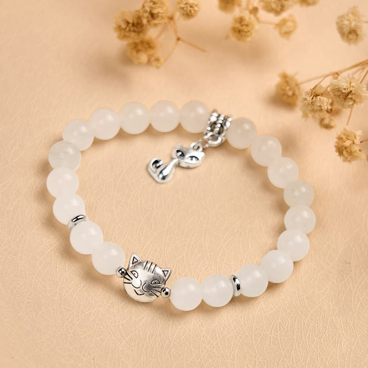 Braccialetto di benedizione della fortuna in giada bianca con gatto bianco e Buddha Stones - image 4