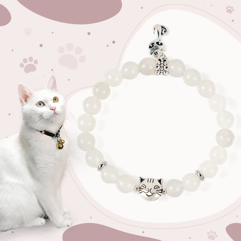 Braccialetto di benedizione della fortuna in giada bianca con gatto bianco e Buddha Stones - Gatto bianco (circonferenza del polso 15-16 cm) - image 1