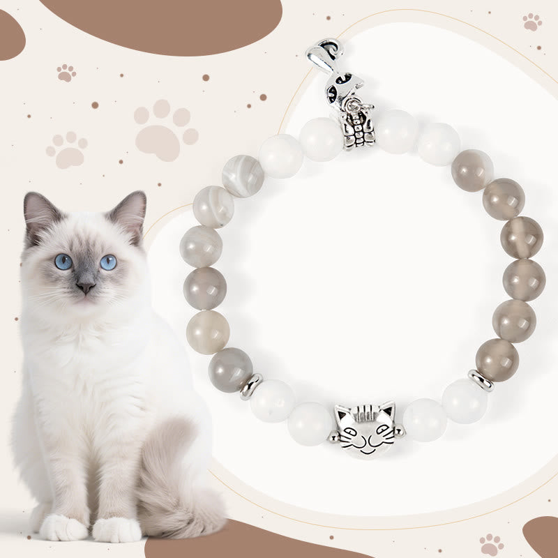 Braccialetto di supporto Buddha Stones Ragdoll Cat in agata grigia a strisce e calcedonio - Gatto Ragdoll (circonferenza del polso 15-16 cm) - image 0