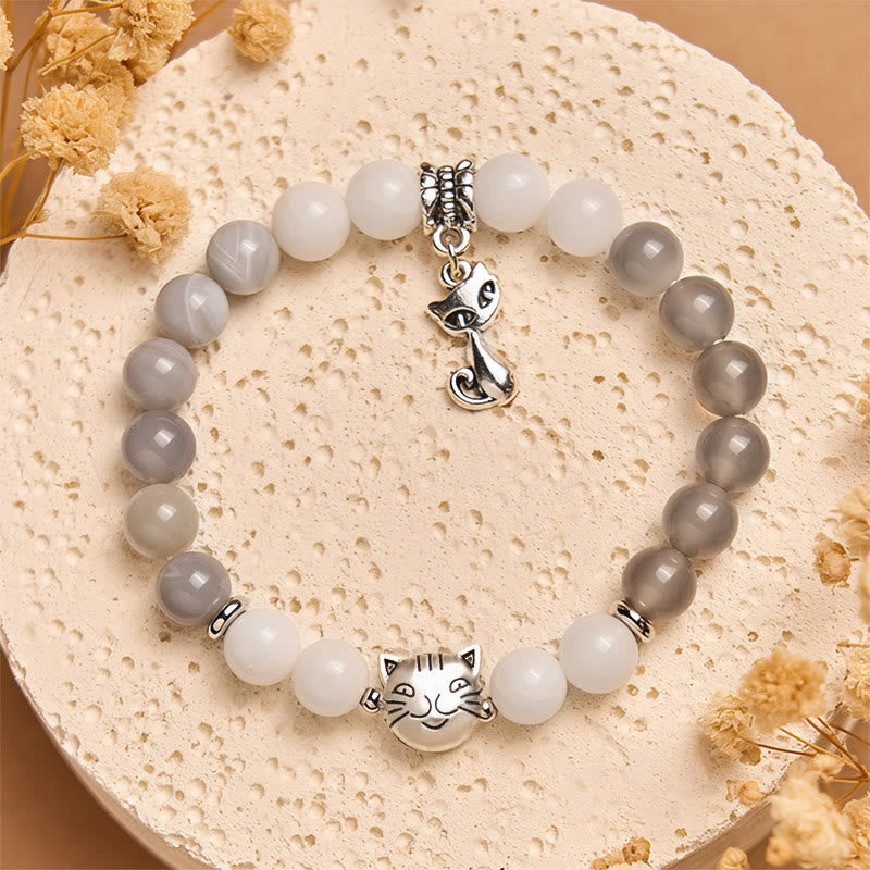 Braccialetto di supporto Buddha Stones Ragdoll Cat in agata grigia a strisce e calcedonio - image 1