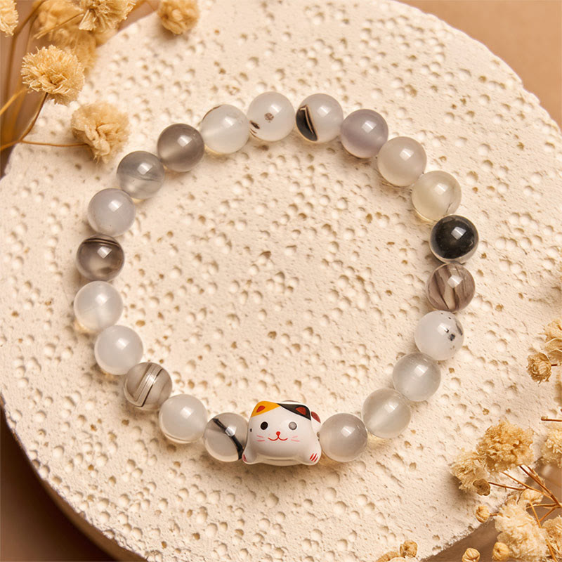 Braccialetto di potere con testa di gattino in ceramica con pietra di agata naturale e gatto calico Buddha Stones - image 1