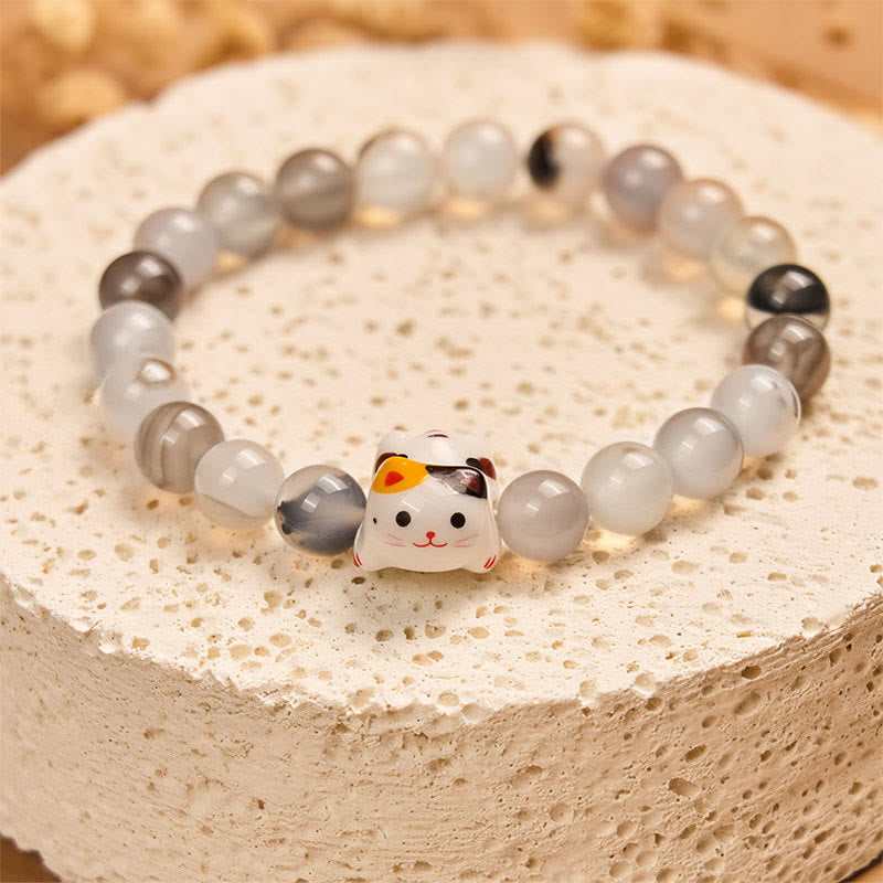 Braccialetto di potere con testa di gattino in ceramica con pietra di agata naturale e gatto calico Buddha Stones - image 2