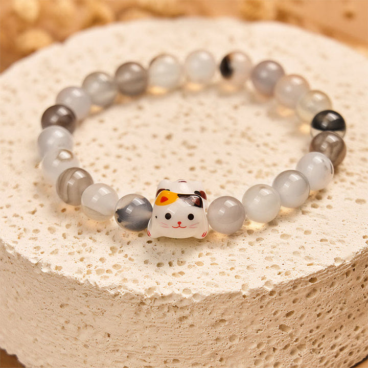 Braccialetto di potere con testa di gattino in ceramica con pietra di agata naturale e gatto calico Buddha Stones - image 2