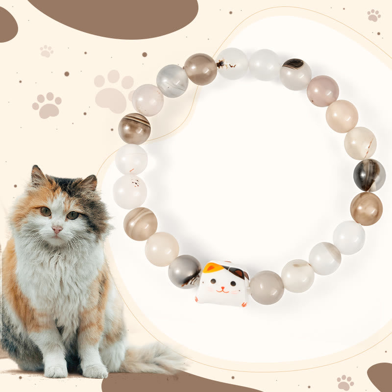 Braccialetto di potere con testa di gattino in ceramica con pietra di agata naturale e gatto calico Buddha Stones - Gatto calico (circonferenza del polso 15-16 cm) - image 0
