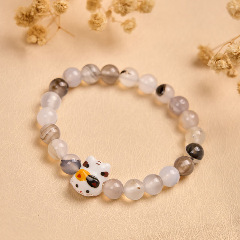 Braccialetto di potere con testa di gattino in ceramica con pietra di agata naturale e gatto calico Buddha Stones - image 3