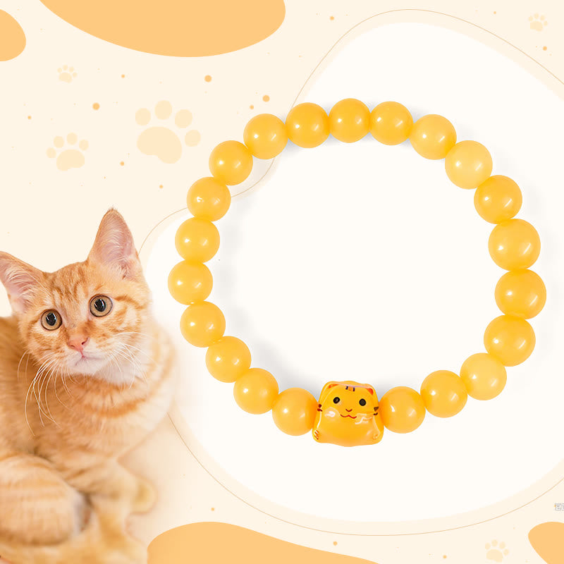Bracciale Buddha Stones con gatto soriano arancione e calcedonio giallo in ceramica e gattino Joy - Gatto soriano arancione (circonferenza del polso 15-16 cm) - image 0