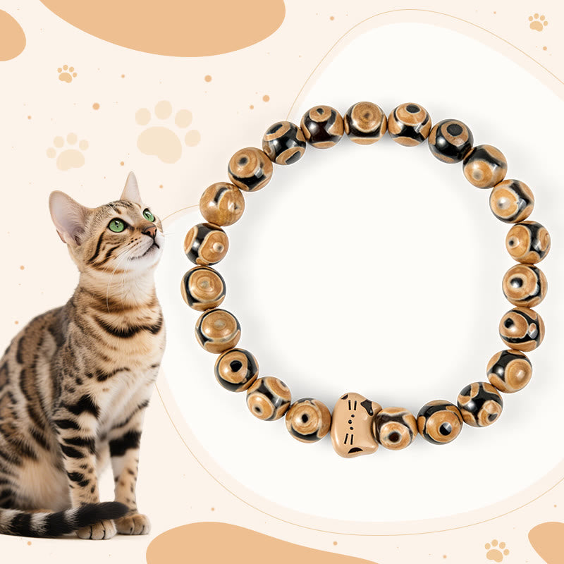 Braccialetto grazioso con testa di gattino in pietra di agata naturale con Buddha Stones e gatto del Bengala - Gatto del Bengala (circonferenza del polso 15-16 cm) - image 0