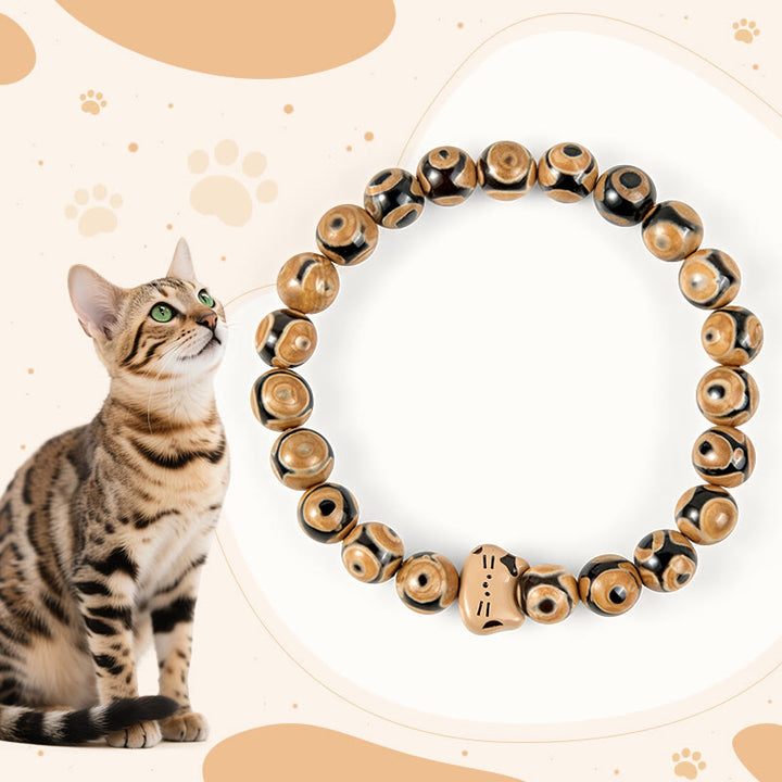 Braccialetto grazioso con testa di gattino in pietra di agata naturale con Buddha Stones e gatto del Bengala - Gatto del Bengala (circonferenza del polso 15-16 cm) - image 0