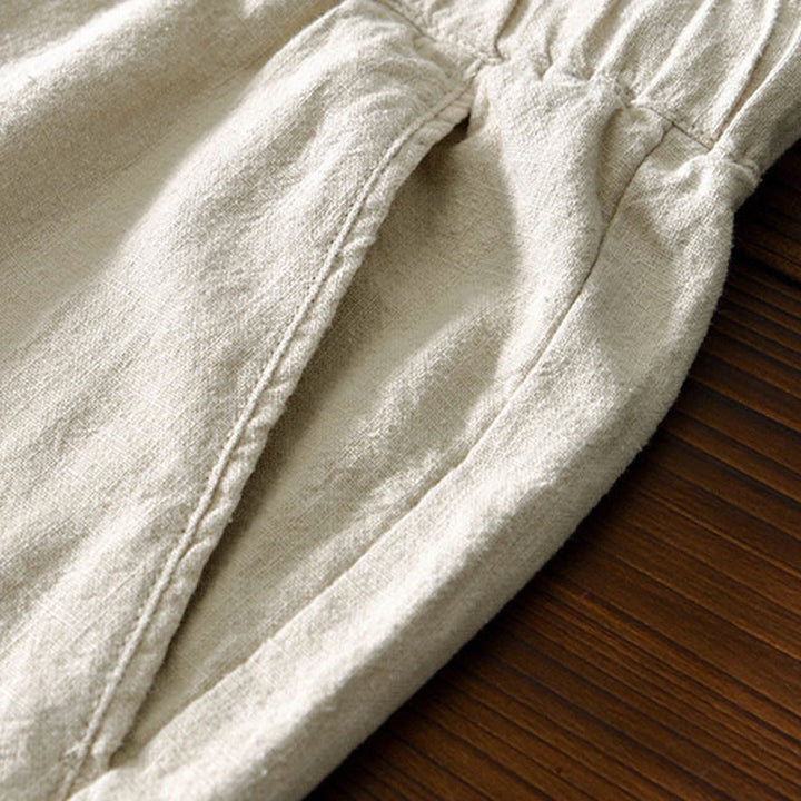 Pantaloni da uomo in lino ramiè con coulisse, casual, tinta unita, design semplice, con tasche, Buddha Stones - image 2