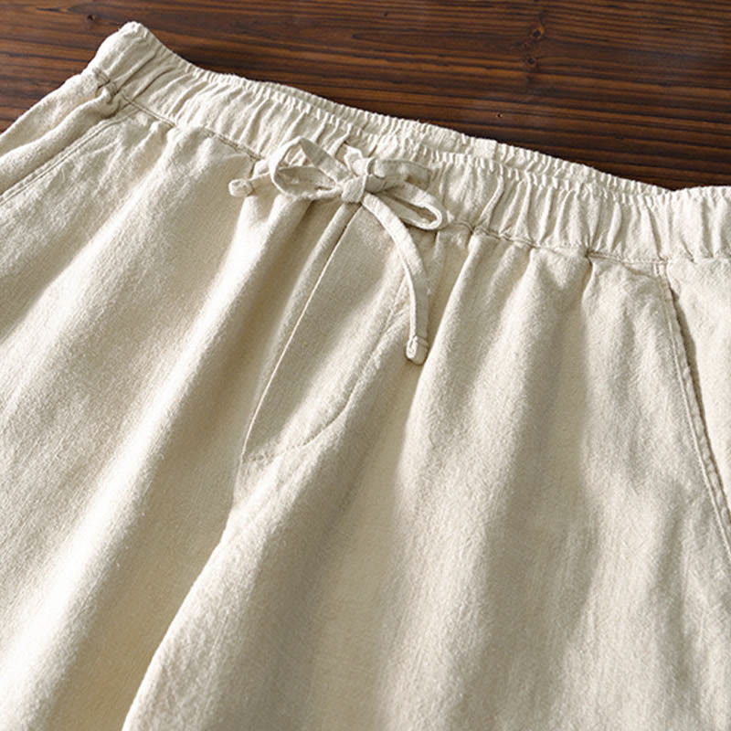 Pantaloni da uomo in lino ramiè con coulisse, casual, tinta unita, design semplice, con tasche, Buddha Stones - image 1