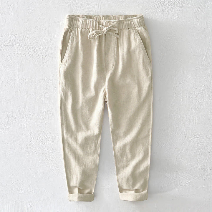 Pantaloni da uomo in lino ramiè con coulisse, casual, tinta unita, design semplice, con tasche, Buddha Stones - Giallo chiaro verga d'oro - US/UK/AU44, EU54 (4XL) - image 0