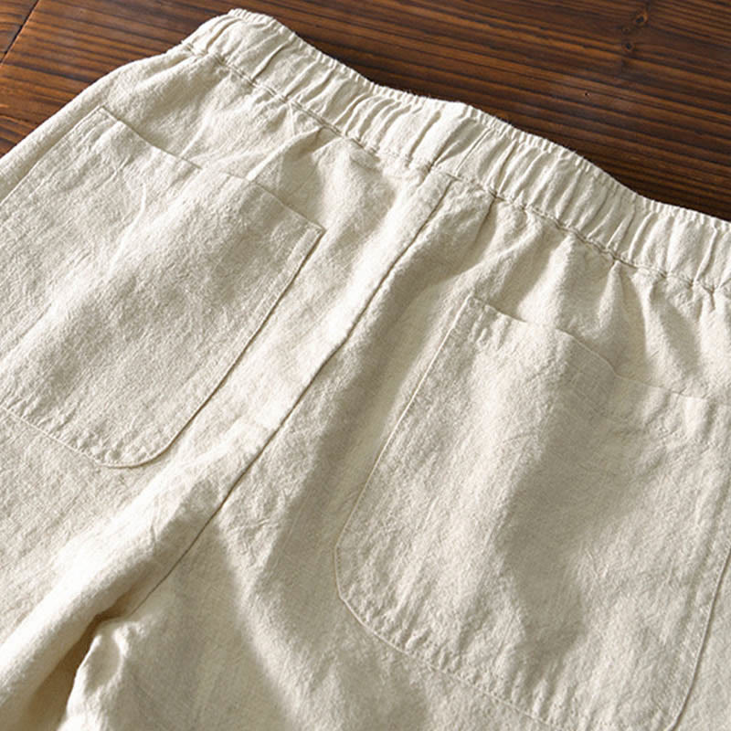 Pantaloni da uomo in lino ramiè con coulisse, casual, tinta unita, design semplice, con tasche, Buddha Stones - image 4